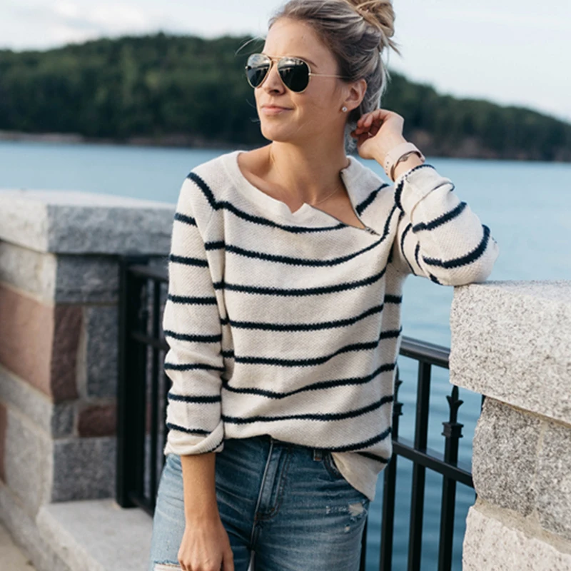 

Loose Striped Casual Oversized Women Sweater 2019 Autumn Winter Zipper O-neck Femme Pullover Long Sleeves Women Fashion Sweater
