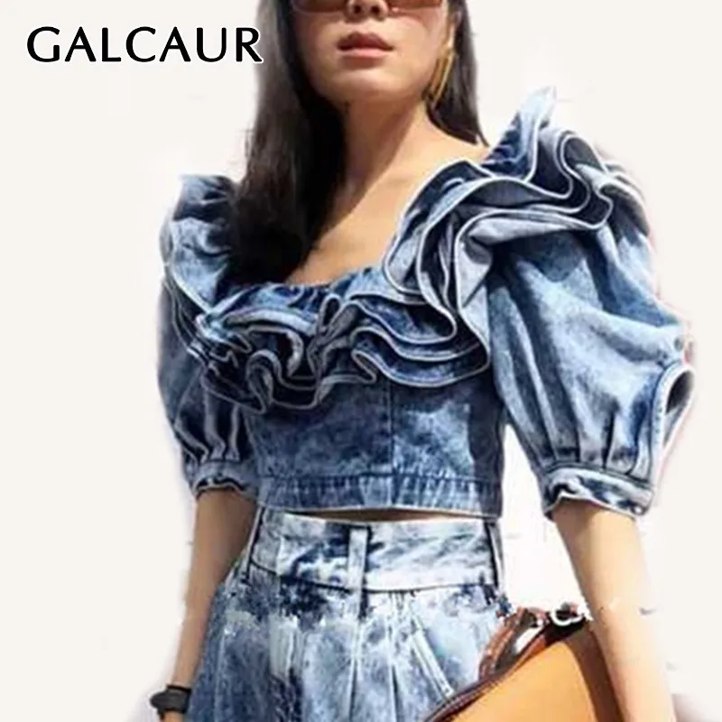 

GALCAUR Summer Ruffles Shirt For Women Square Collar Lantern Sleeve Slim Denim Crop Tops Female 2019 New Fashion Clothes