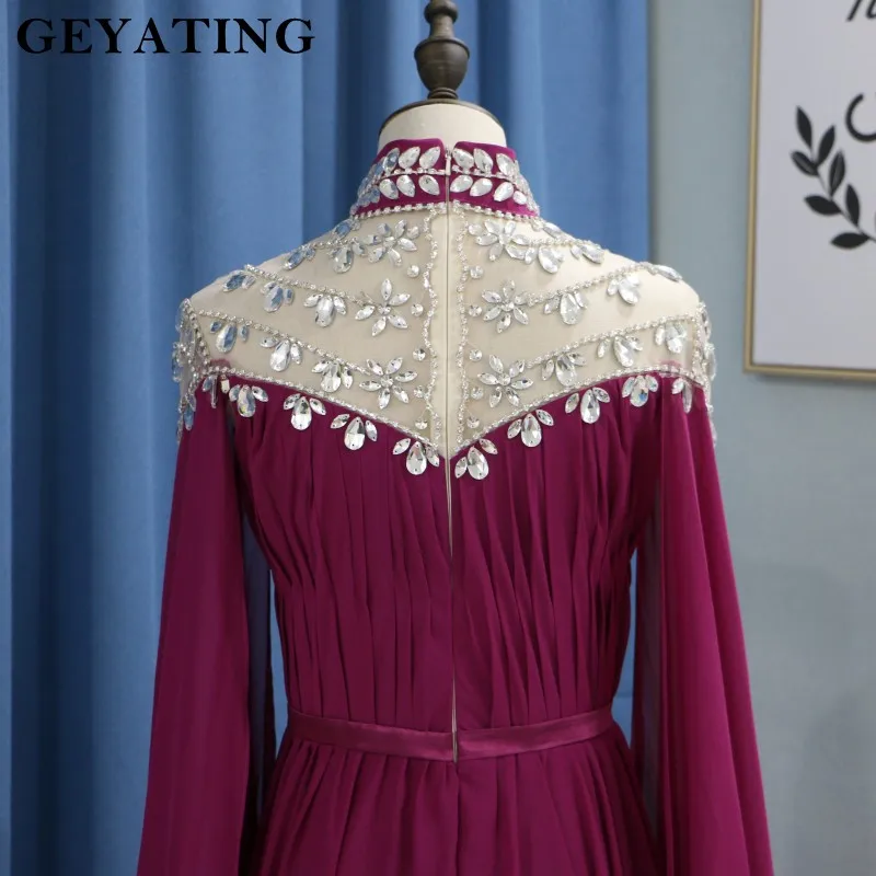 Elegant High Neck Muslim Fuchsia Evening Dress Long Sleeves Crystal Arabic Kaftan Dubai Prom Dresses 2019 Long Black Formal Gown Elegant High Neck Muslim Fuchsia Evening Dress Long Sleeves Crystal Arabic Kaftan Dubai Prom Dresses 2019 Long Black Formal Gown