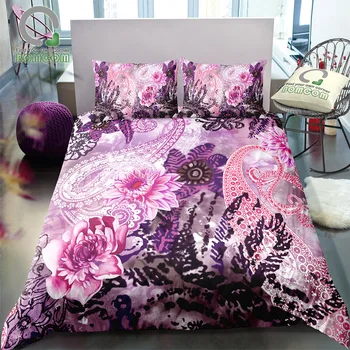 

BOMCOM 3D Digital Printing Bedding Set Purple Watercolor Flowers Paisley 3-Pieces Duvet Cover Sets 100% Microfiber
