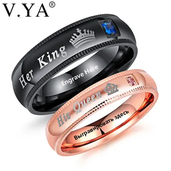 

V.YA Promise Couple Rings Trendy Her King & His Queen Custom Crytal Stone Crown Charm Stainless Steel Wedding Ring for Women Men