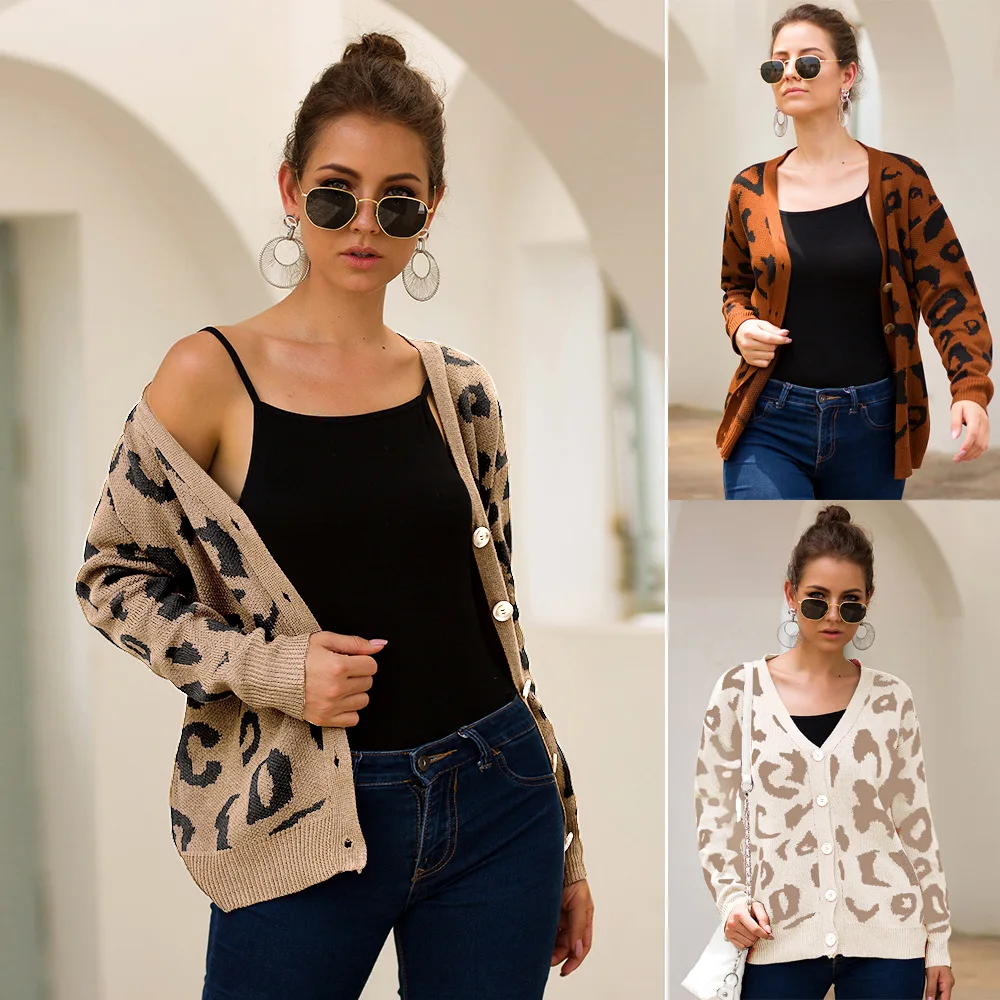 

Women's Leopard Long Sleeve Cardigan Top Button Casual Knit Shirt Thin Cardigan Sweater Sueter Mujer Sweater Cardigan Wanita