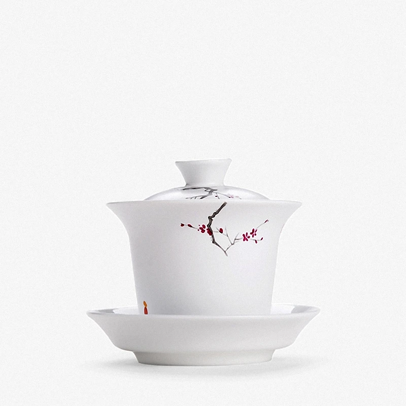 

PINNY Handpainted Plum Blossom Pattern Gaiwan Chinese Kung Fu Tea Set Matte White Porcelain Tea Bowl Vintage Tea Cup