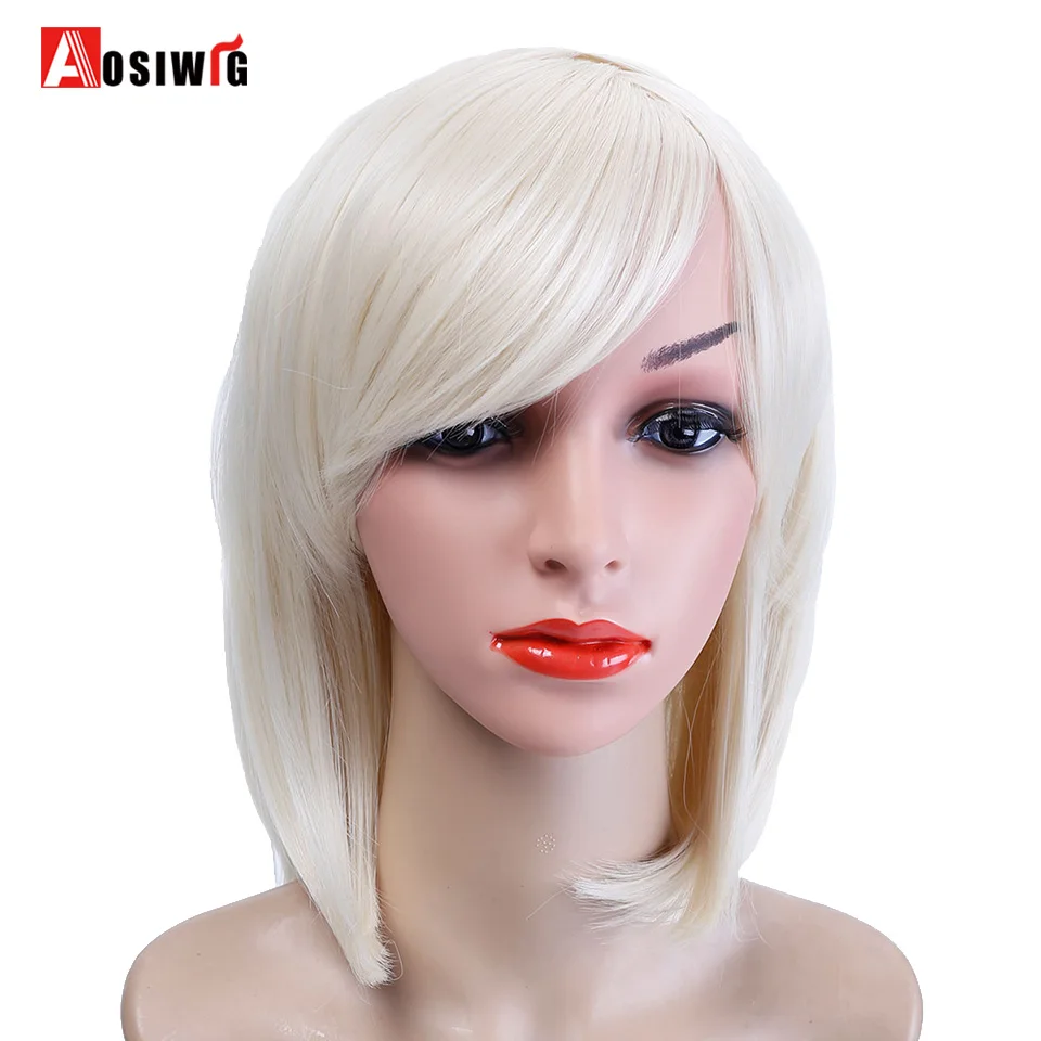 AOSIWIG Pale Gold Bob Style Short Straight Wig Heat Resistant Synthetic