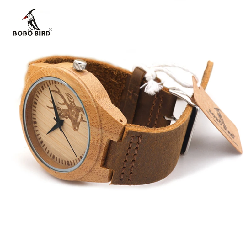 BOBO BIRD Elk Head Natural Wooden Watches With Genuine Cowhide Leather Lovers Luxury Wristwatch Mens Wood Watch as Gifts C-F29