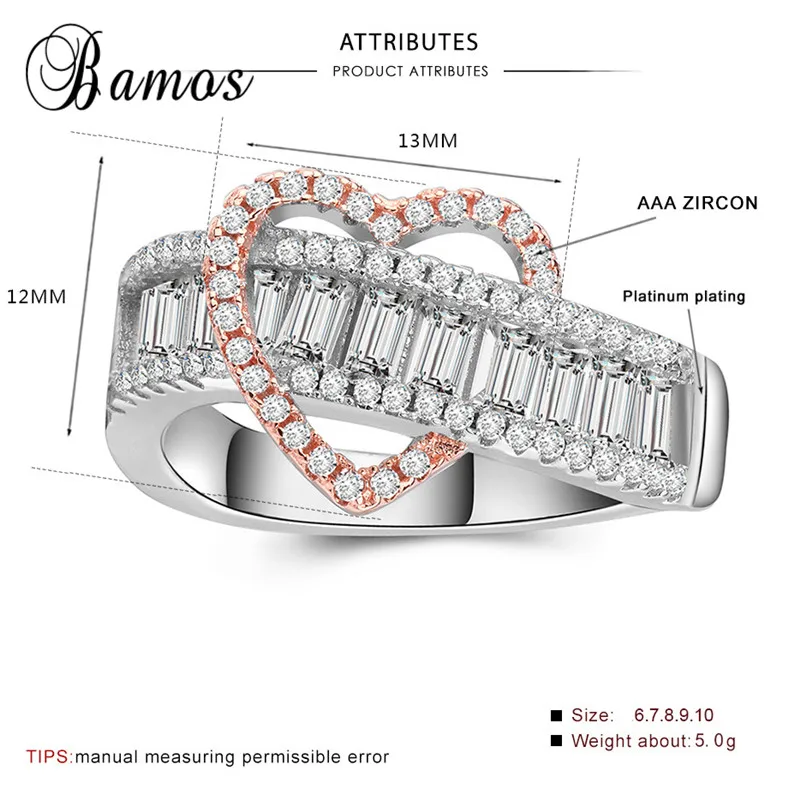 Bamos розовое золото цвет сердце вечность кольцо Роскошный Циркон Камень Обручальное кольцо обещания обручальные кольца для женщин модные ювелирные изделия