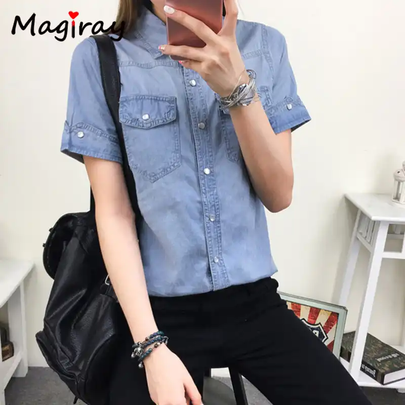short sleeve denim shirt womens plus