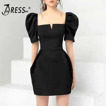 

INDRESSME 2019 New Puff Sleeves Square V Neckline Detailing Refined Waist Mini Dress Party Vestidos Black Dress Women Fashion