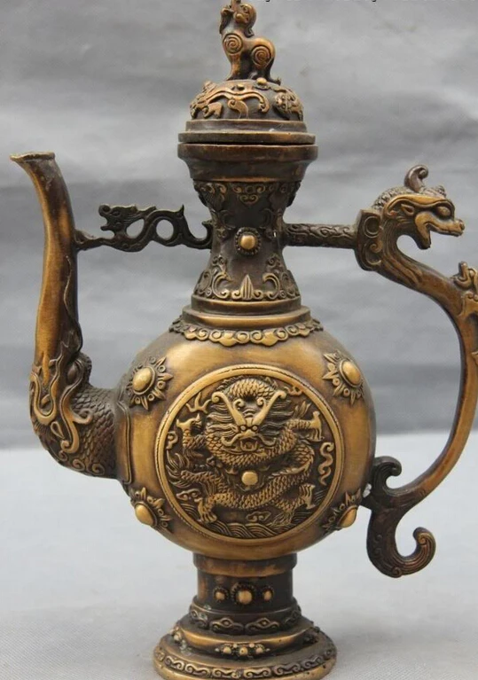 

Collectible bronze lion statue S0657 China Classical Royal Copper Bronze Foo Dog Lion Dragon Teapot Pot Kettle Flagon B0403