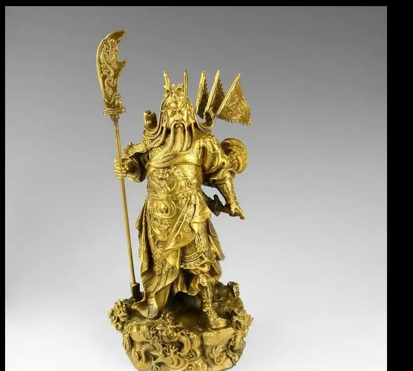 

wang671115407++++China Pure Brass Copper Guan Gong Guan Yu Buddha 5 Flag Hold Dragon Sword Statue