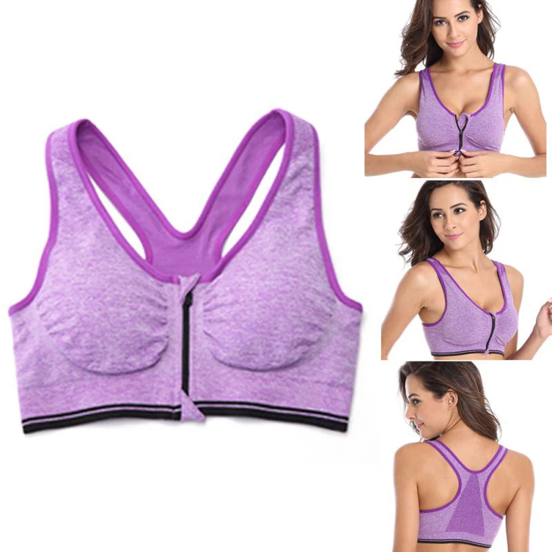 Ladies' Spandex Sports Bra Yoga Shirt Zipper Front Padded Push Up Shockproof Wirefree Tops for