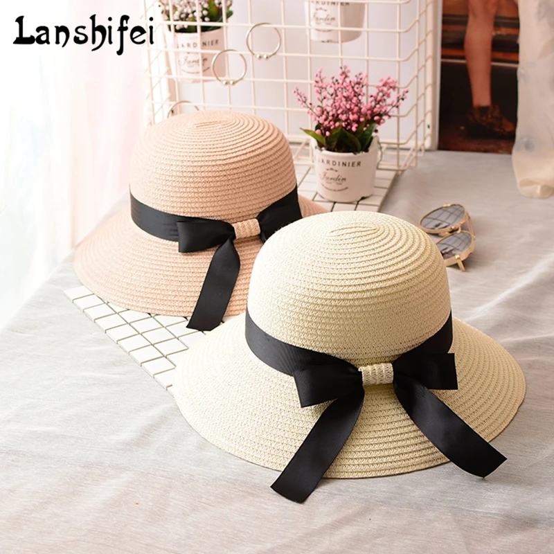 سيدة الشريط جولة شقة الأعلى شاطئ أحد سترو قبعة كاب بنما قبعة الصيف القبعات للنساء بنات سترو قبعة snapback gorras