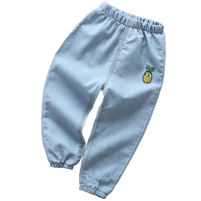 Benemaker/Новые Детские эластичные штаны для мальчиков; летние модные хлопковые От 2 до 8 лет для девочек; Детские рваные джинсы; длинные брюки с героями мультфильмов; YP007 - Цвет: Light Blue Pineapple