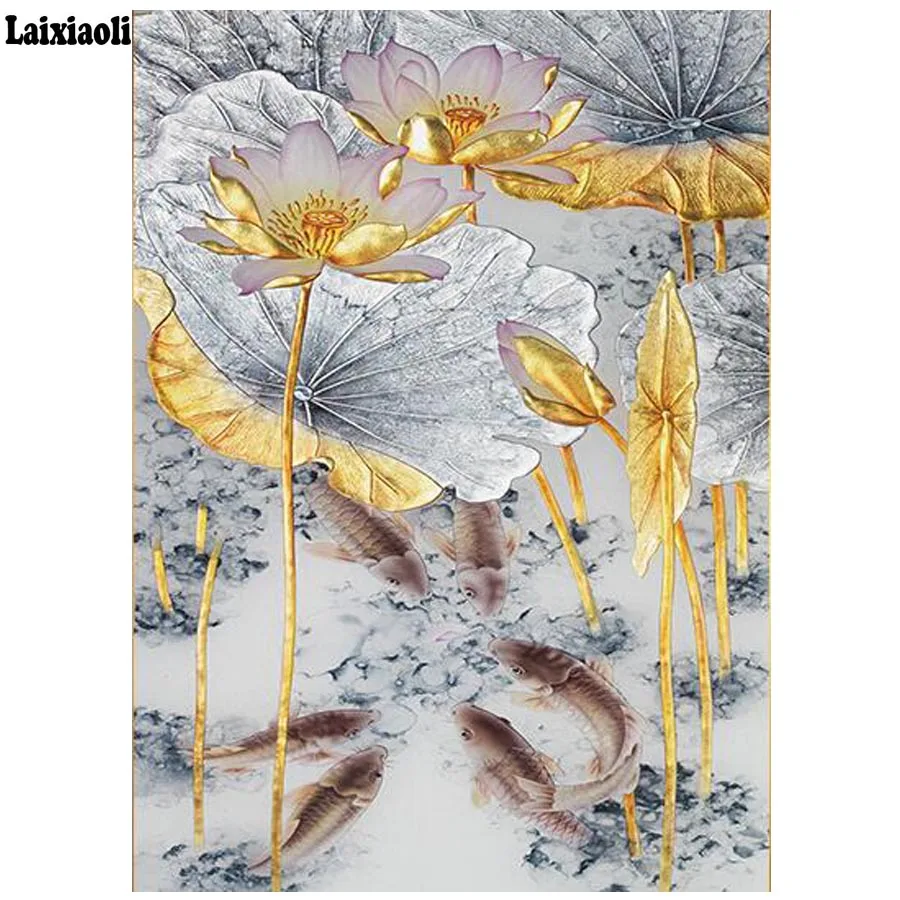 

diamond embroidery Abstract Gold Lotus diy diamond painting chinese fish koi graph cross stitch mosaic rhinestone picture decor