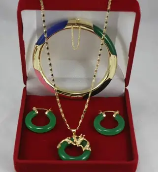 

free shipping Beautiful lucky green blue black red jade pendant earrings bracelet set NO BOX