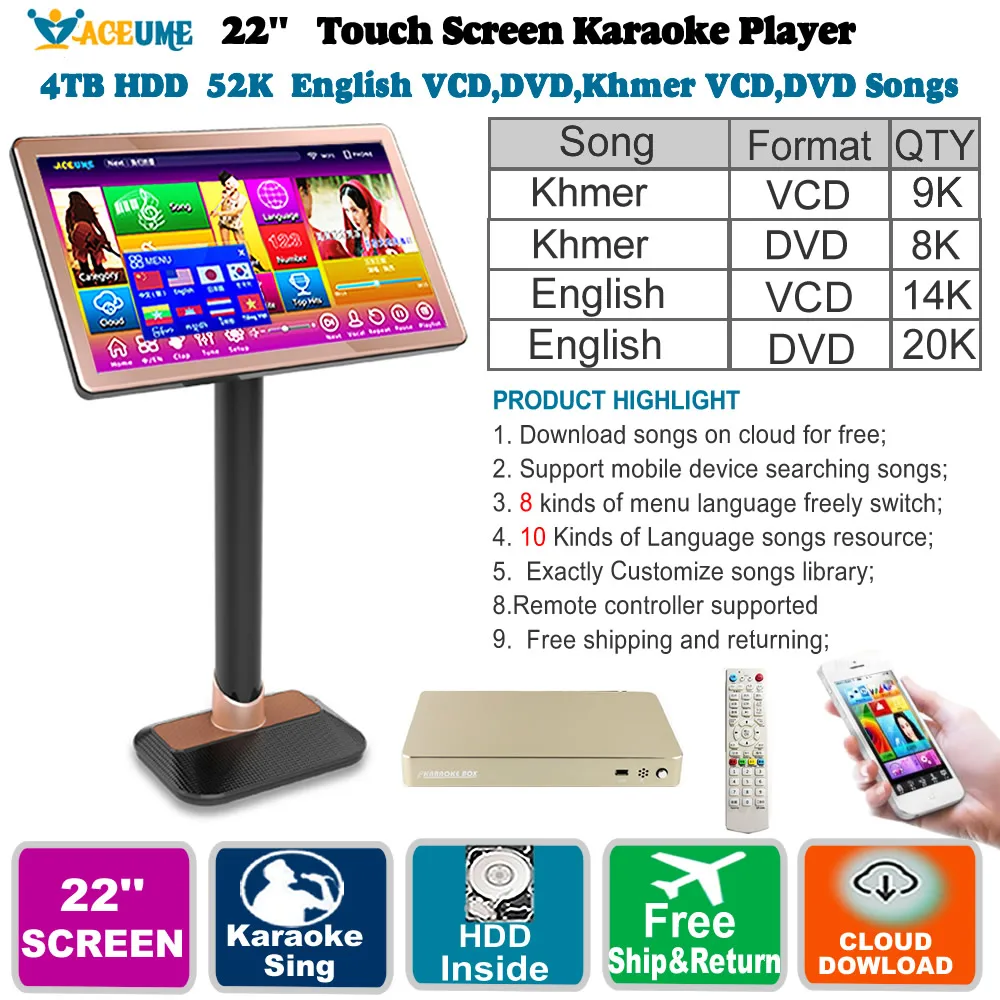 

TSR15, Touch Screen Karaoke Player，4TB HDD 52K Khmer,English Songs,22'',Cloud download,Multi-Language Menu,Home KTV Sings