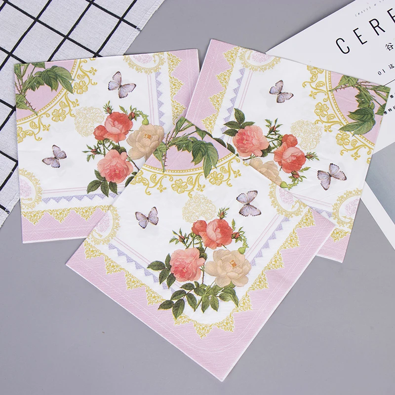 

Pink Flowers Heart Butterfly Wedding Napkins Cafe & Party Tissue Napkins Decoupage Decoration Paper 33cm*33cm 20pcs/pack/lot
