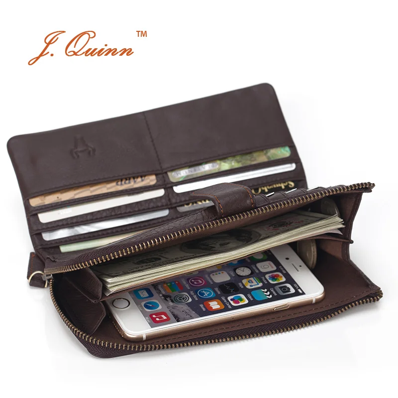 

J.Quinn Long Wallets Zipper Purse Cowhide Genuine Leather Brown European Bifold Soft Wallet For Men Wallets Cards