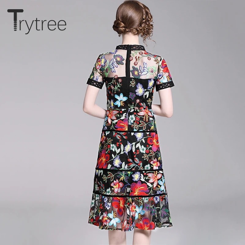 Trytree летнее повседневное Цветочное платье с вышивкой из полиэстера длиной до колена кружевное женское платье с воротником-стойкой уличное Открытое платье