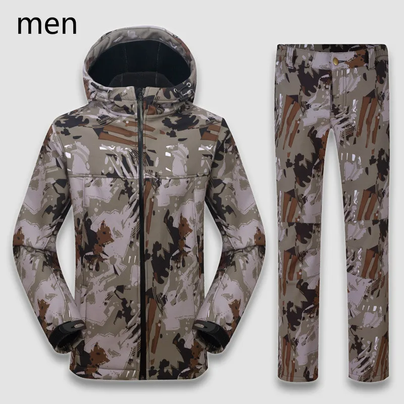 Outdoor men women soft shell jacket pant camouflage mountain clothes winter warm waterproof hiking assault suit | Спорт и
