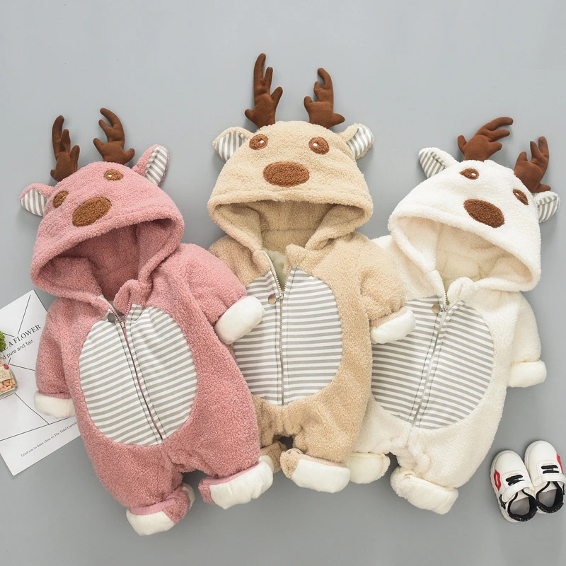 

Baby Winter Super Warm Rompers Fleece Newborn Cartoon deer Cute Coral Fleece Overalls Plus Velvet Jumpsuits