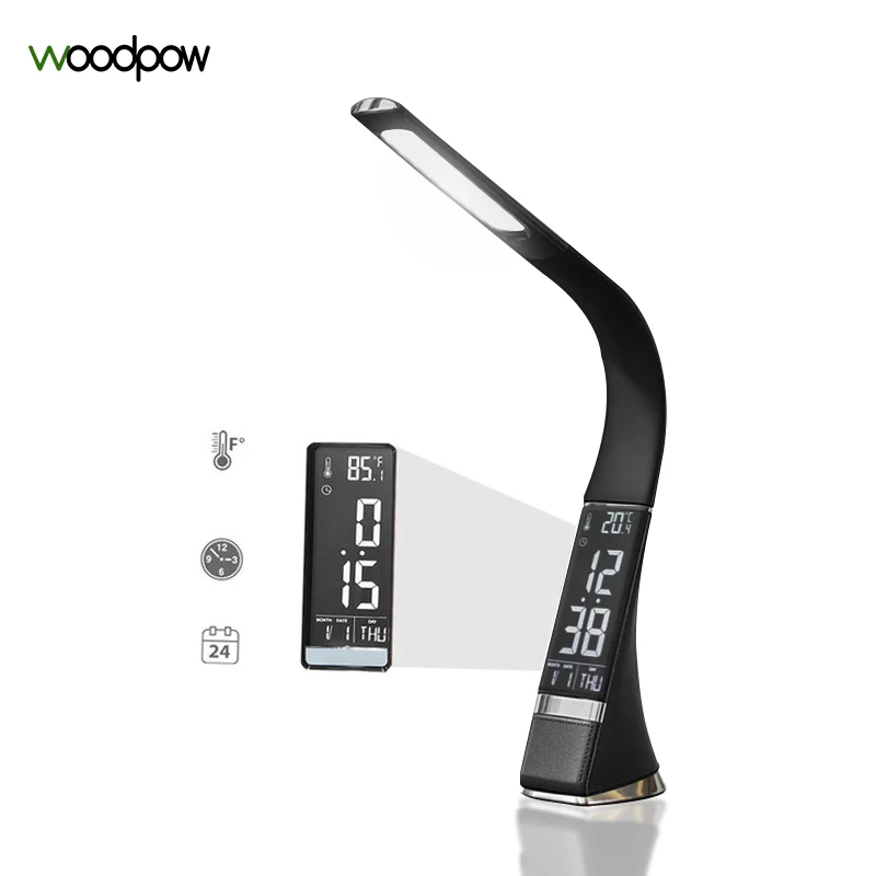  Woodpow Elegant Leather Texture Office LED Desk Lamp Dimming Table Lamps with LCD Display Alarm Clo - 32889925731