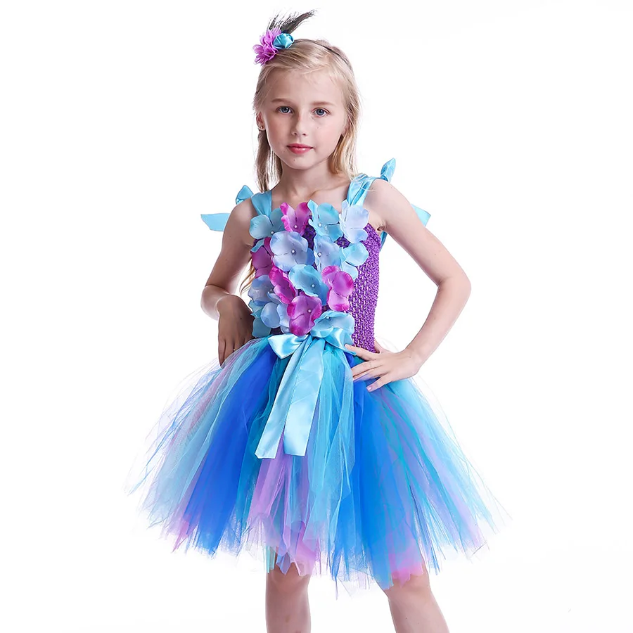Girls Princess Peacock Flower Tutu Dress Children Handmade Purple and Blue Tulle (4)