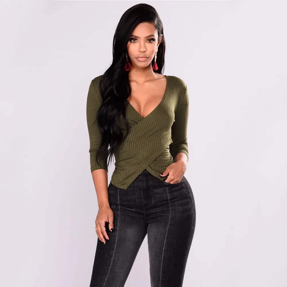 2018 New Sexy Cross Deep V Neck T Shirt Women Spring Long Sleeve Skinny T Shirts Ladies Casual 