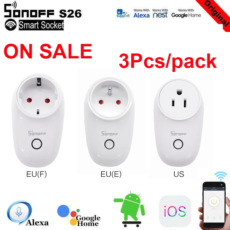 

3pcs/Lot SONOFF S26 ITEAD Wifi Smart Socket Wireless Remote Control Charging Adapter Smart Home Power Sockets US/UK/CN/AU/EU