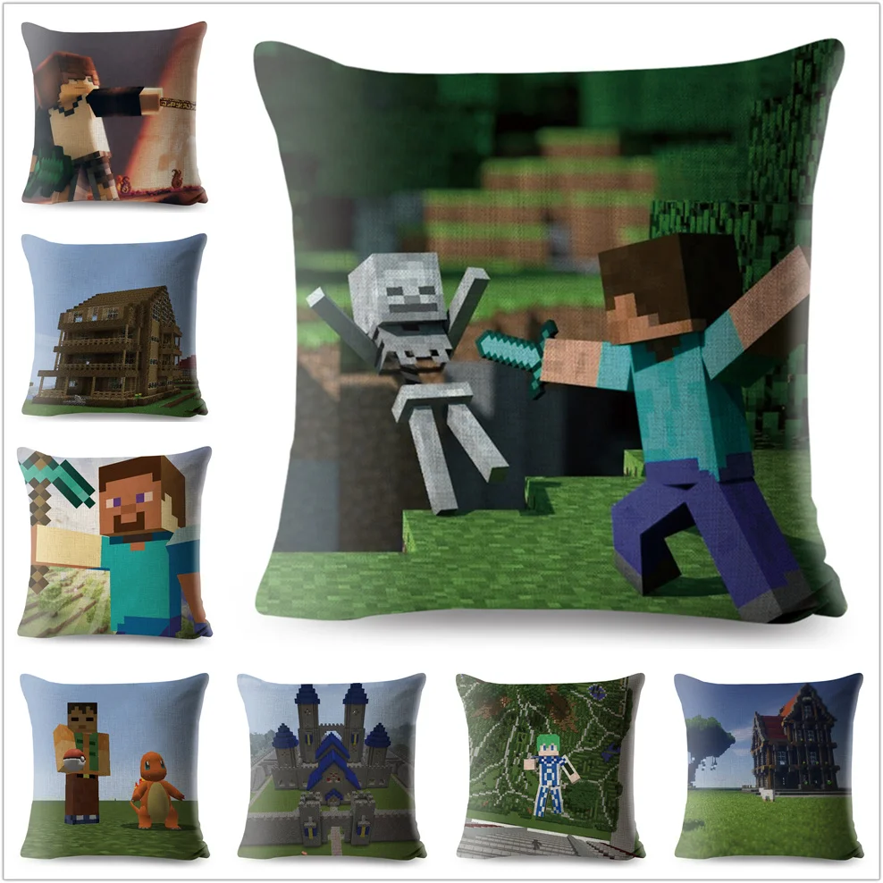 Minecraft Building Linen Pillow Cover 45*45cm Square Cushion Covers