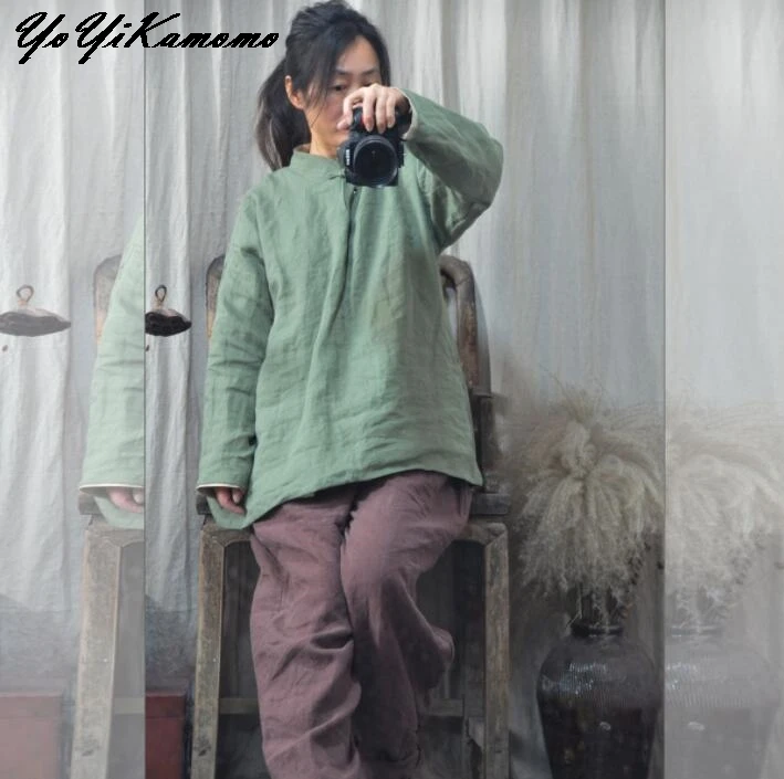 YoYiKamomo, хлопковая льняная женская рубашка, весна-осень, оригинальная, на пуговицах, с длинным рукавом, в винтажном стиле, одноцветная, свободная, женские блузки