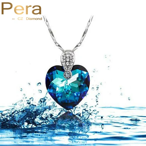 PERA CZ сверкающий белый золотой Цвет Королевский голубой кристалл камень в форме сердца кулон Цепочки и ожерелья Для женщин ювелирные изделия с фианитом P016 - Окраска металла: Royal Blue