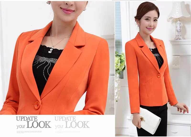 Для женщин пиджак куртки Демисезонный Новая мода Однотонная повседневная обувь плюс Размеры тонкий офисное Пальто Блейзер для женщин, оранжевого, черного цветов, C194