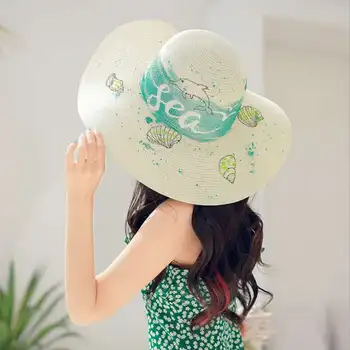 

WZCX 2019 New Hand Painted Casual Tide Shell Beach Hat Graffiti Summer Wide Brim Straw Hat Women'S Cap