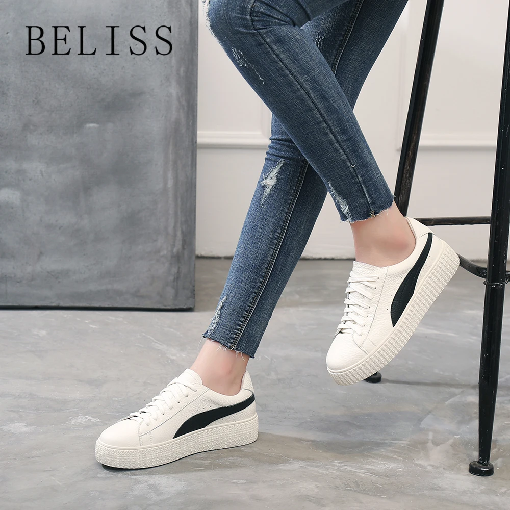 

BELISS spring autumn women flat shoes lace up soft genuine leather ladies shoes handmade flats casual women sneakers platform M8