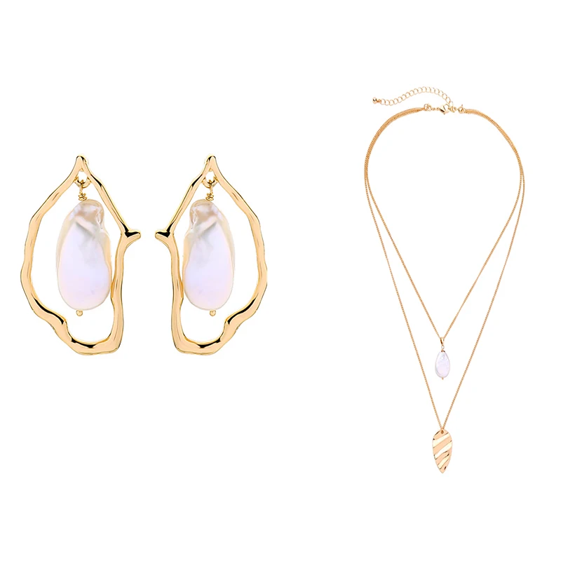 

Simple Imitation Pearls Jewelry Sets Gold Color Irregular Drop Earring Double Layered Pendant Necklace For Women Fashion Jewelry