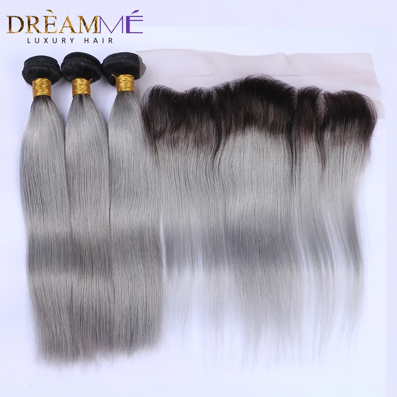Бразильские прямые человеческие волосы 3 пучка с 13x4 синтетический fronic 1B серый Омбре цвет не Реми волосы мечты королева продукты