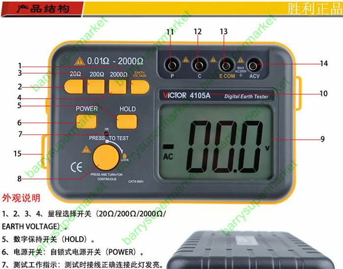 VICTOR VC4105A Сопротивление заземления заземление измерение напряжения переменного тока цифровой измеритель сопротивления заземления