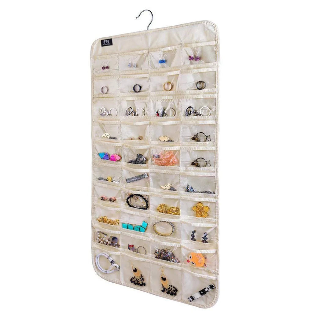 80 Pockets Clear Hanging Bag Socks Bra Underwear Rack Hanger Storage Organizer home decoration accessories wieszaki na ubrania - Цвет: Beige