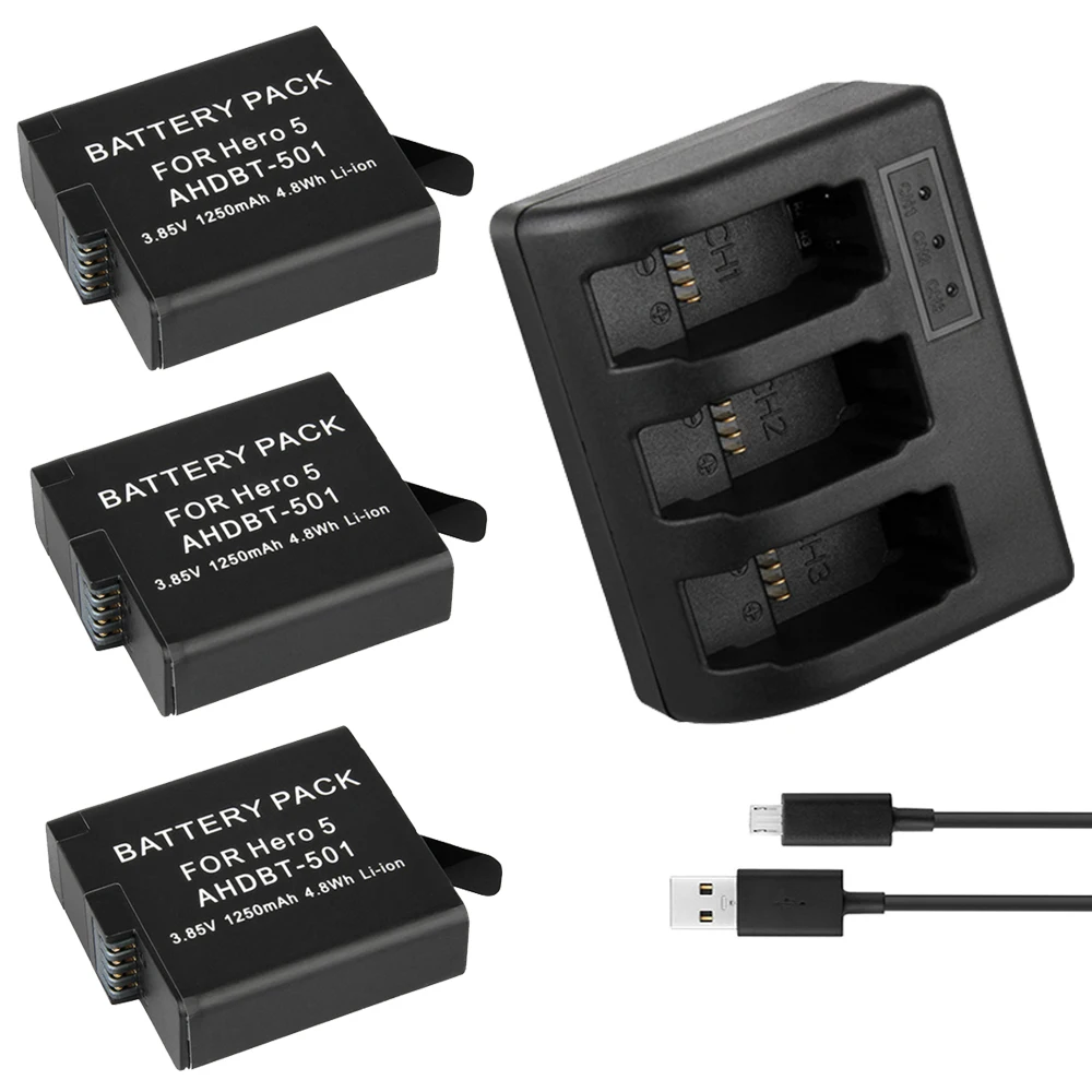 

3pcs 1250mAh Batteries for GoPro Hero 5 6 7 Action Camera Battery AHDBT-501+ 3Slots USB Battery Charger