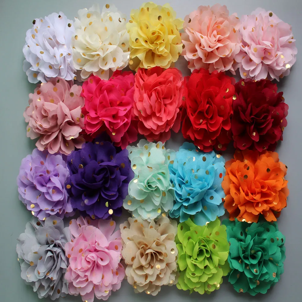 

120ps/lot new arrival 24colors 10cm Gold Stamp Dots Chiffon Flowers Without clip Flat Back DIY Flower For hair accessories