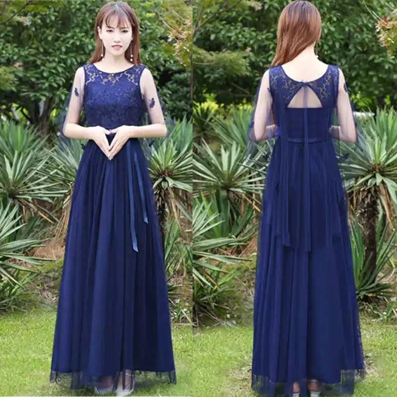 Lace Top Backless Chiffon Mesh Maxi Navy Blue Holiday Party
