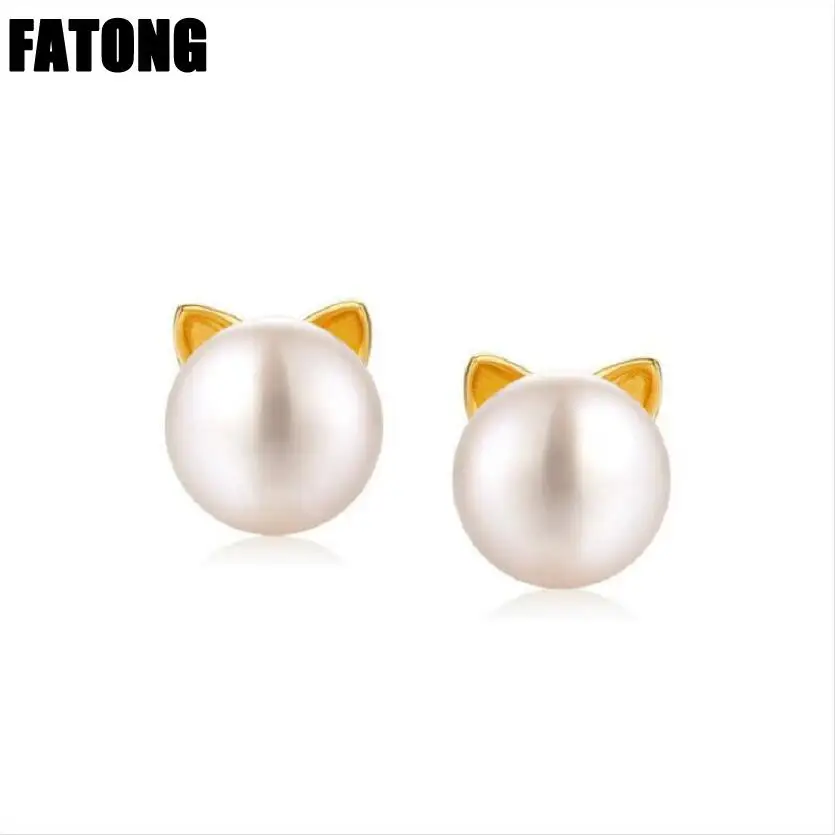

Cute kitten 925 sterling silver natural freshwater pearl earrings female Japanese and Korean pop jewelry. J0388