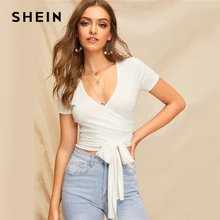 SHEIN, сексуальный облегающий топ с глубоким v-образным вырезом и поясом, женская летняя Элегантная футболка с коротким рукавом