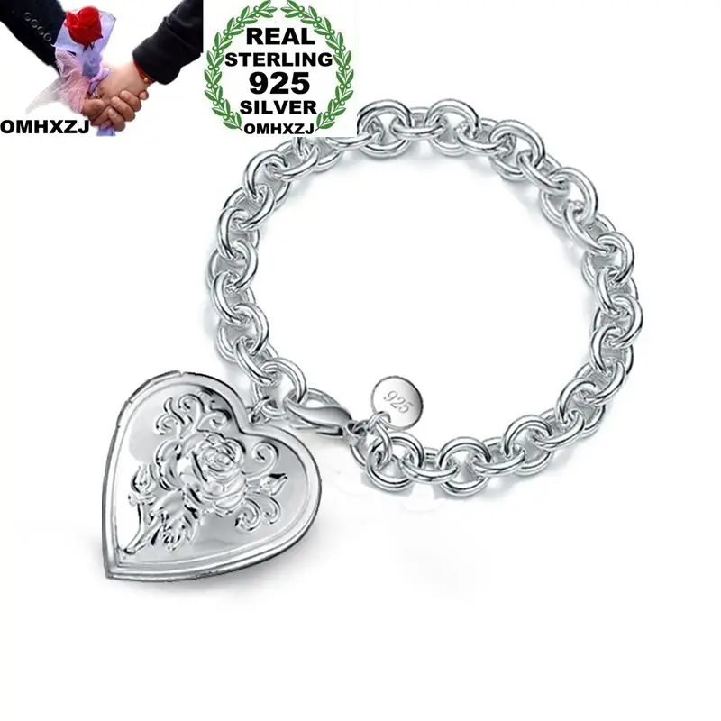 

OMHXZJ Wholesale Personality Fashion OL Woman Girl Party Gift Silver Heart Charm Thick Chain 925 Sterling Silver Bracelet BR66