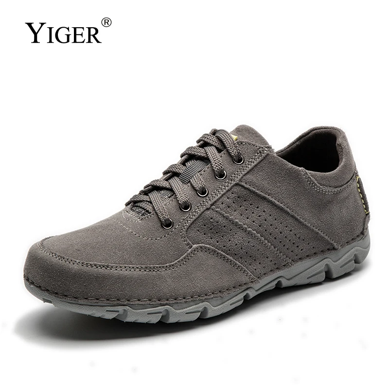 

YIGER New Men casual shoes First layer cowhide suede big size Wear-resistant non-slip lace-up male leisure shoes 0313