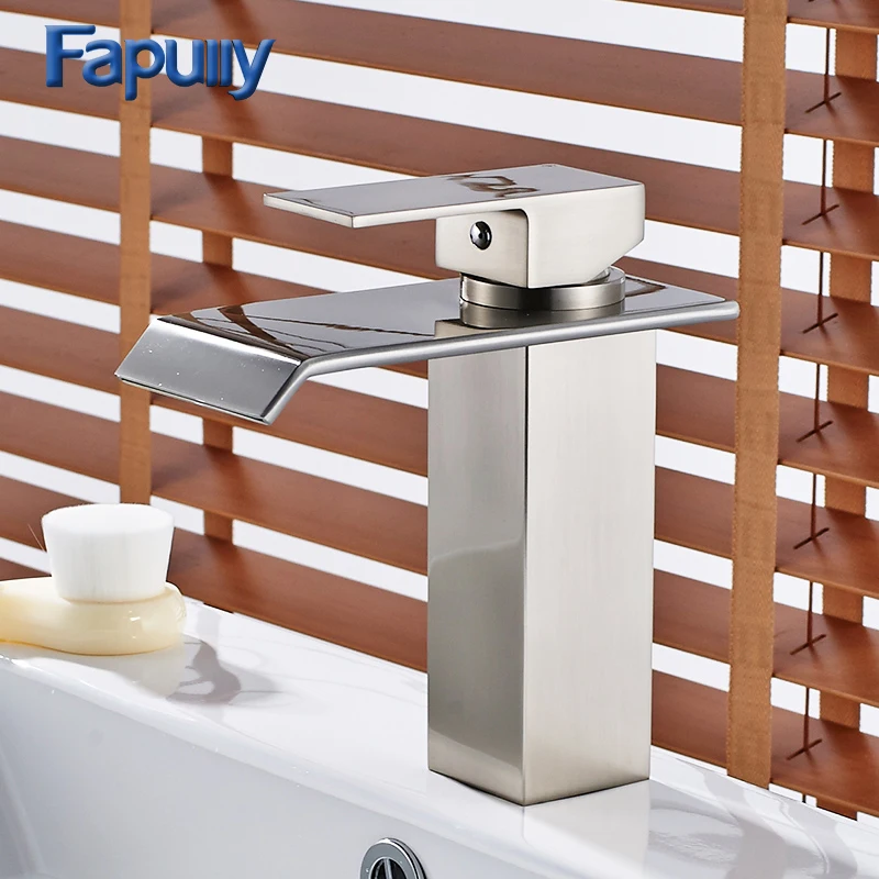 

100-11C Waterfall Bathroom Faucet Chrome Cast Bath Tap Cold Hot Deck Mounted Square Vessel Faucet Sink Wash Basin Mixer Tap