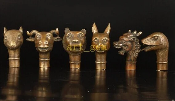 China Rare Old Bronze Statue COW Cane Walking Stick Head Handle Accessories