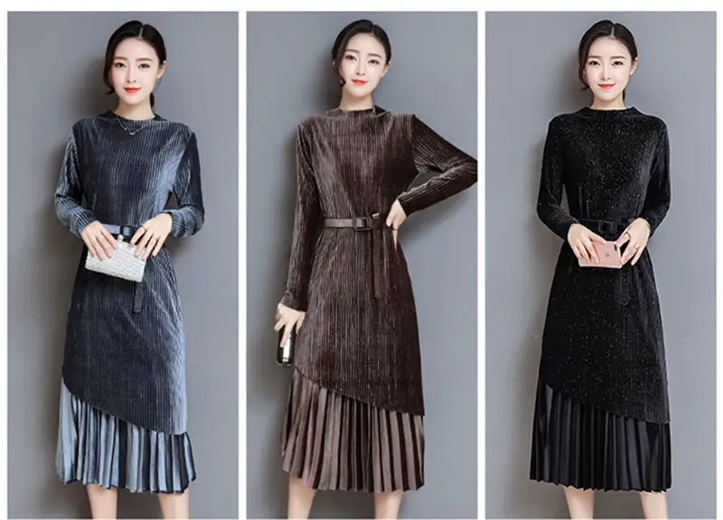 Fashion Autumn Winter Women Dress Elegant Sexy Pleate Female Dress Vintage Long Sleeve Velvet Two-piece suit Dresses vestidos