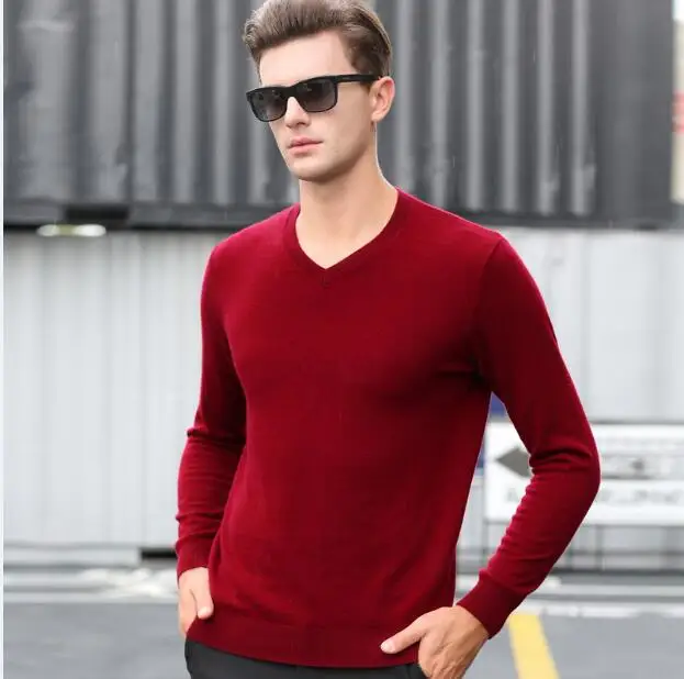 Новинка осень и зима мужской классический шерсть v-образный вырез сплошной цвет приталенный базовый тонкий вязаный свитер - Цвет: Красный